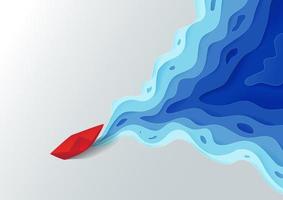 barco de papel rojo de origami en estilo artesanal poligonal de moda de agua azul, fondo de diseño de arte de papel vector