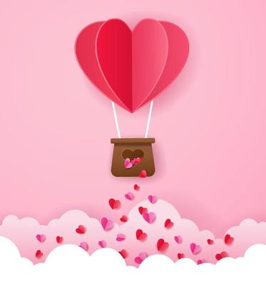 Paper art style of red heart shaped hot air balloon flying to the pink sky through the clouds