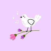 Cute baby bird standing on a twig and singing a lovely song. Hand drawn doodle illustration for kids prints and posters, textile. Kawaii vector illustration on pink background