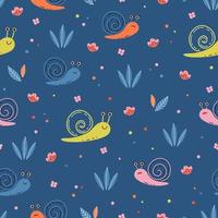 Funny seamless pattern with cute baby snails on the meadow vector