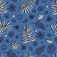 patrón floral de verano con hojas tropicales y flores dibujadas a mano en estilo boceto sobre fondo azul. linda impresión vectorial con elementos botánicos de la selva tropical para textiles, papel de regalo vector