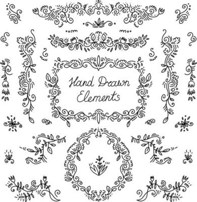 Vector set of hand drawn dividers, floral decor elements, borders, frames.  Doodle design.