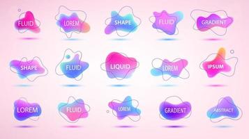 Vector 3d gradient spots set with line shapes isolated. Abstract elements for trendy vibrant color design. Use for logos, tags, labels, background. Fluid blots, wavy drops, flowing elements.