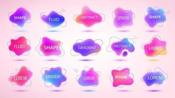 Vector 3d gradient spots set with line shapes isolated. Abstract elements for trendy vibrant color design. Use for logos, tags, labels, background. Fluid blots, wavy drops, flowing elements.