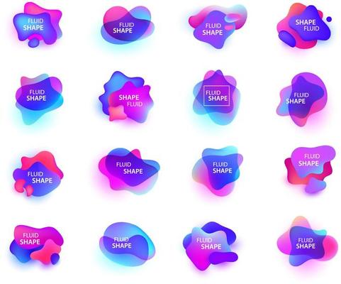 Vector 3d gradient spots set with line shapes isolated. Abstract elements for trendy vibrant color design. Use for logos, tags, labels, background. Fluid blots, wavy drops, flowing elements.