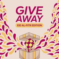 eid mubarak giveaway banner vector illustration. cartoon ketupat coming out of a gift