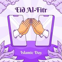 cute eid banner shaking hands online vector illustration. cartoon happy eid banner