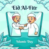 cute eid banner people shaking hands online vector illustration. cartoon happy eid banner