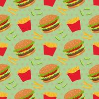 Seamless vector pattern of hamburger and French fries. For printing, wrapping paper, restaurant menus, packaging, books, postcards, magazine covers, web pages, fabrics, textiles, grocery stores.