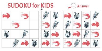 Juego de sudoku para niños con dibujos de animales marinos. hoja de actividades para niños. estilo de dibujos animados de ilustración vectorial vector