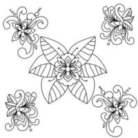 Set of fantasy doodle flowers with patterns and swirls, outline floral motifs for coloring pages or design vector