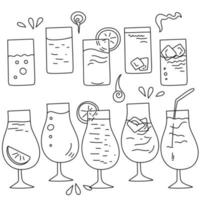 Set of doodle cocktails in different glasses illuminating contour drinks vector