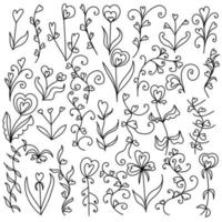 Set of doodle flowers with leaves and ornate twigs, stylized heart-shaped flowers for decoration vector