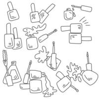 nail polish, doodle set of contour vector illustrations with closed and open jars of varnish