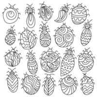 Set of fantasy insects, contour doodle bugs with patterns and curls for design and creativity vector