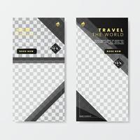 plantilla de promoción de banner de viaje con raya y forma transparente vector