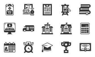 iconos de regreso a la escuela ilustración vectorial, autobús escolar, educación, aprendizaje en línea, estudiante, vector