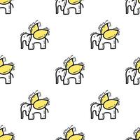 Seamless pattern with Illustration elephant with wings a doodle style black yellow color on white background. vector