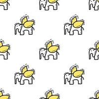 Seamless pattern with Illustration elephant with wings a doodle style black yellow color on white background. vector