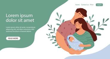 A family with a newborn baby in a diaper with a pacifier. Vector banner