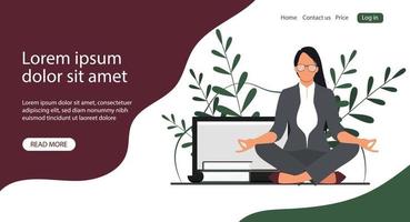 Businesswoman meditating in the office. Vector banner or landing page design