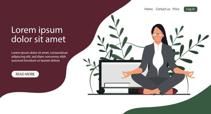 Businesswoman meditating in the office. Vector banner or landing page design