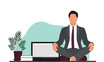 Office man meditate sitting on the table. Businessman relax concept. Vector illustration