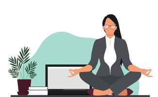 Office woman meditates sitting on the table. Businesswoman relax concept. Vector illustration