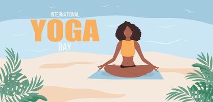 Woman meditating in nature, a meditation on the beach. Healthy lifestyle, open-air workout, yoga class. Vector banner, international yoga day