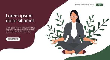 Businesswoman meditating in the office. Vector banner or landing page design