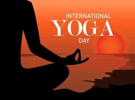 International Yoga Day. Silhouette of meditating person on the sunset. Vector banner