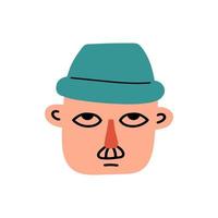 Character face adult serious man in hat isolated on white background. Trendy funny cartoon man head. Colorful people avatar. Vector illustration