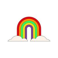 Arco iris de colores brillantes con nubes en estilo hippie aislado sobre un fondo blanco. ilustración vectorial de moda vector