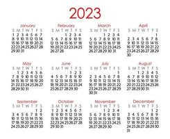 Calendar template for the year 2023 in simple minimalist style, week starts on Sunday, vector printable page
