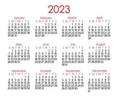 plantilla de calendario para el año 2023 en estilo minimalista simple, la semana comienza el domingo, página vectorial imprimible vector