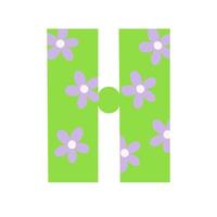 Capital bright green decorated with spring flowers hand drawn letter H of English alphabet simple cartoon style vector illustration, calligraphic abc, cute funny handwriting, doodle and lettering