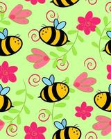 patrón con abeja y lindas flores vector