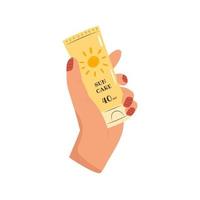 Female hand holding sunscreen tube vector