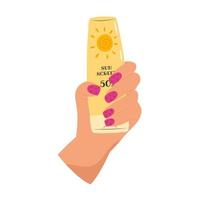 Female hand holding sunscreen tube vector