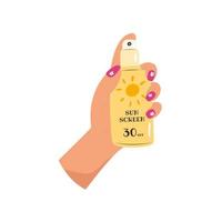 Female hand holding sunscreen bottle vector