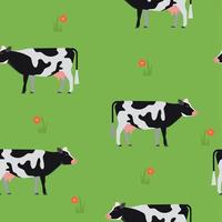 patrón sin costuras de verano con vacas y flores sobre fondo verde vector