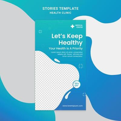 Health clinic Social media story frame set background template with green and blue simple elegant modern style. Design backgrounds for social media. Vector illustration