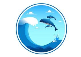 graphics design logo circle dolphin fish jumping with wave vector illustration