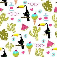 Seamless pattern with toucan, watermelon, leaves, pineapple vector