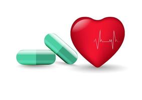 green capsule with heart, isolated white background vector illustration concept Health care