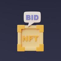 NFT word in picture frame with word BID,non fungible token,Crypto art,Innovation technology,3d rendering. photo