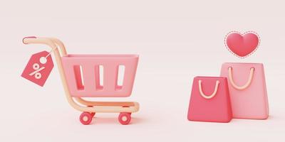 Render 3d de carrito de compras rosa con bolsa de compras y flotador de ciervos sobre fondo pastel, concepto de venta del día de san valentín, estilo minimalista. foto