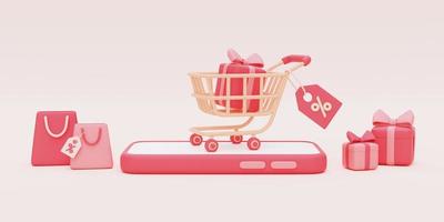 Render 3d de carrito de compras rosa con cajas de regalo y bolsa de compras sobre fondo pastel, concepto de venta del día de san valentín, estilo minimalista.