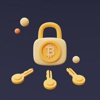 candado con signo de bitcoin, concepto de protección de criptomonedas, servicios de tecnología de cadena de bloques, estilo minimalista. Representación 3d. foto