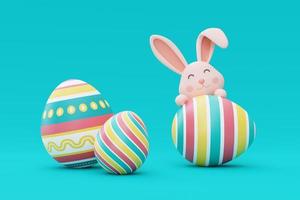 Easter bunny with colorful easter eggs on blue backgound,happy easter holiday concept.minimal style,3d rendering. photo